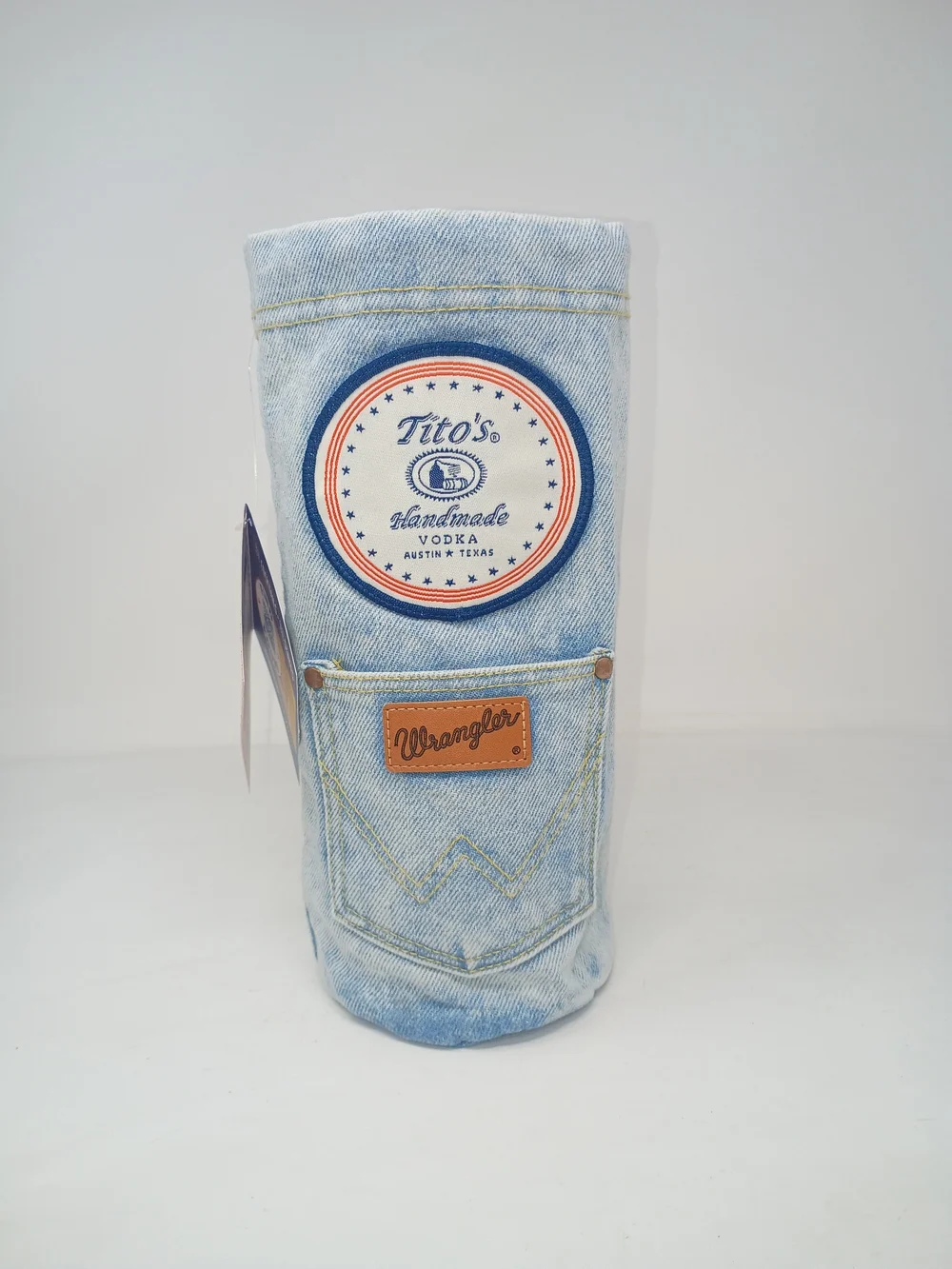 Wrangler Light Blue Denim Drawstring Bottle Sleeve with Tito's Patch